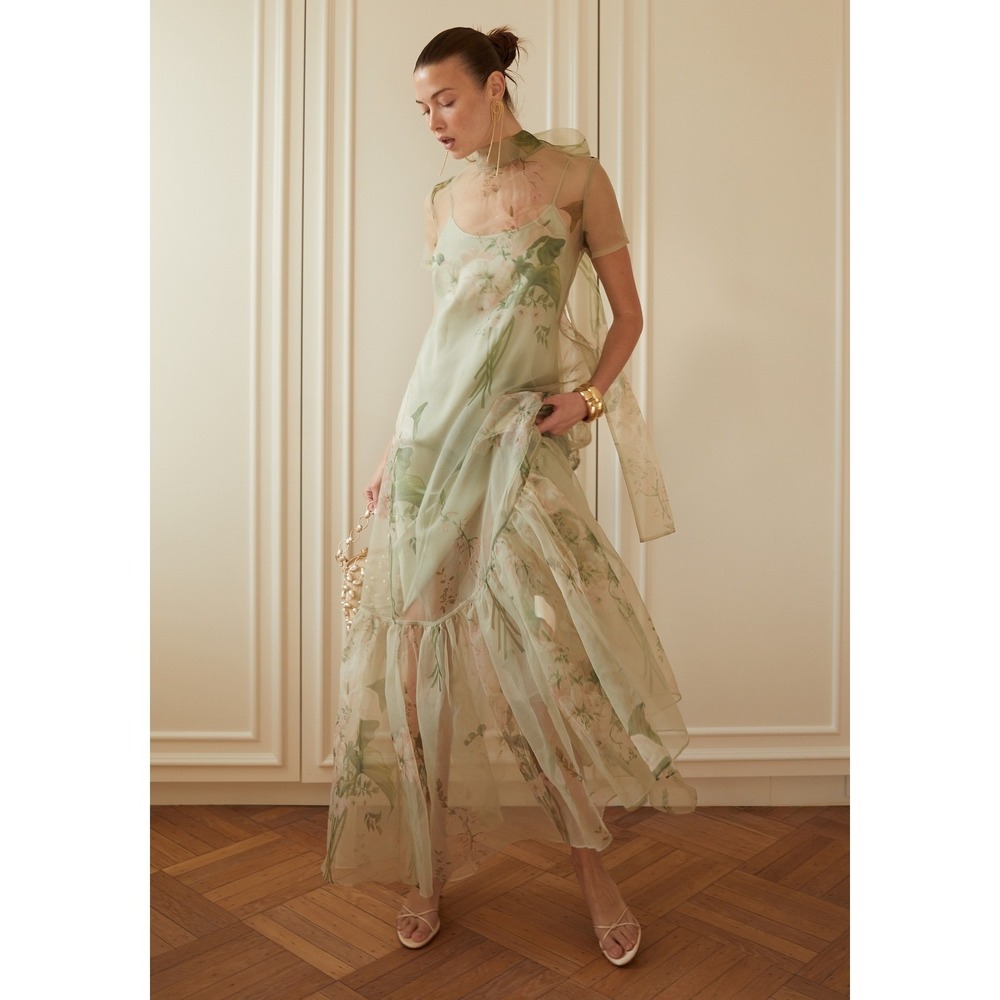 NWT CAARA Melody High Neck Organza Tie Neck Tiered Hem Dress - Size Large - Picture 8 of 14